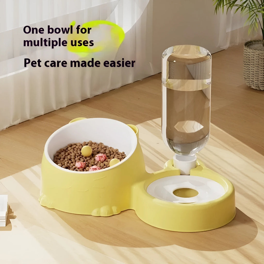 Automatic double bowl pet feeder with gravity dispenser in pink colour on elevated stand
