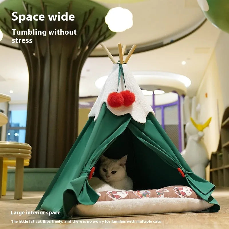 Semi-closed thickened cloth cat house with brown mat, suitable for indoor use, 50x50x68cm size option