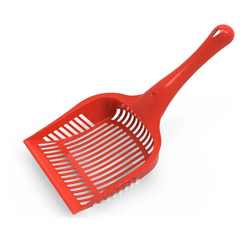 PP plastic cat litter scoop in red, yellow or blue colour options showing small and medium size specifications
