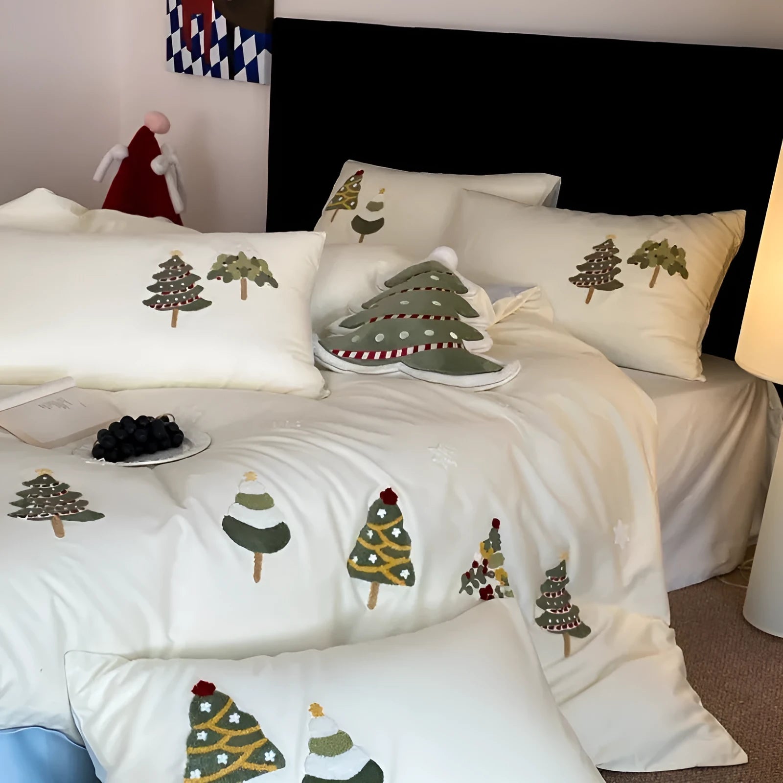 Cute Christmas tree and floral embroidered pure cotton four-piece bedding set in cream blue or green