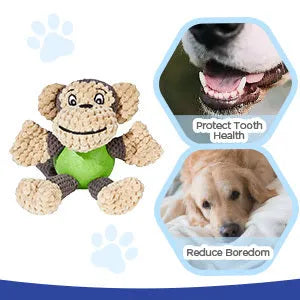 Cute monkey plush squeaky dog toy with soft fabric and four legs on white background