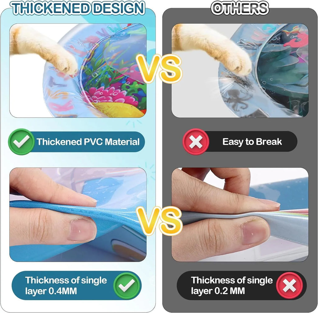 Thickened PVC water sensory play mat for pets with ocean fish design and floating toys.