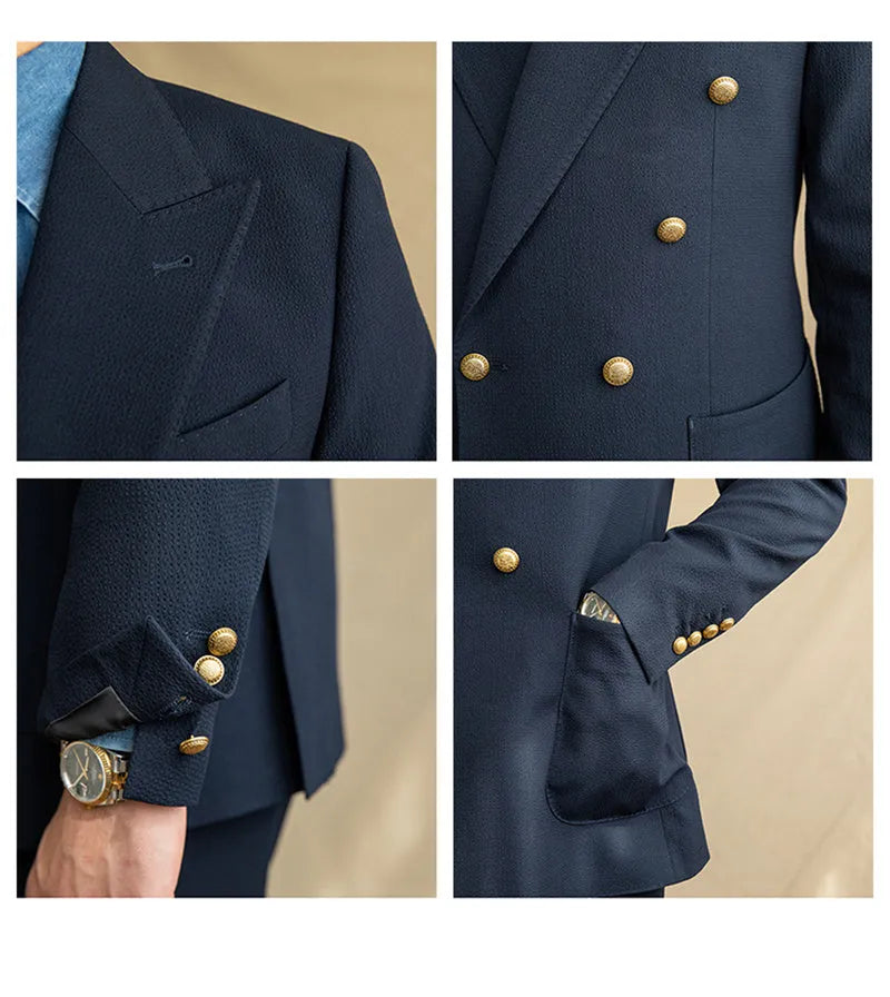 Men's half-lined seersucker blazer with two double-breasted buttons in milky white cyan