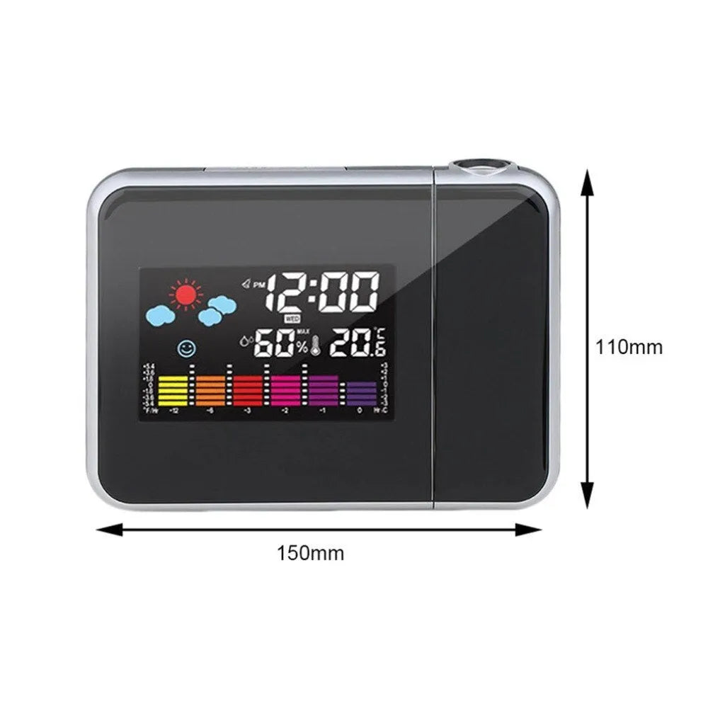 Black digital projection alarm clock showing time and temperature in multicolour LED