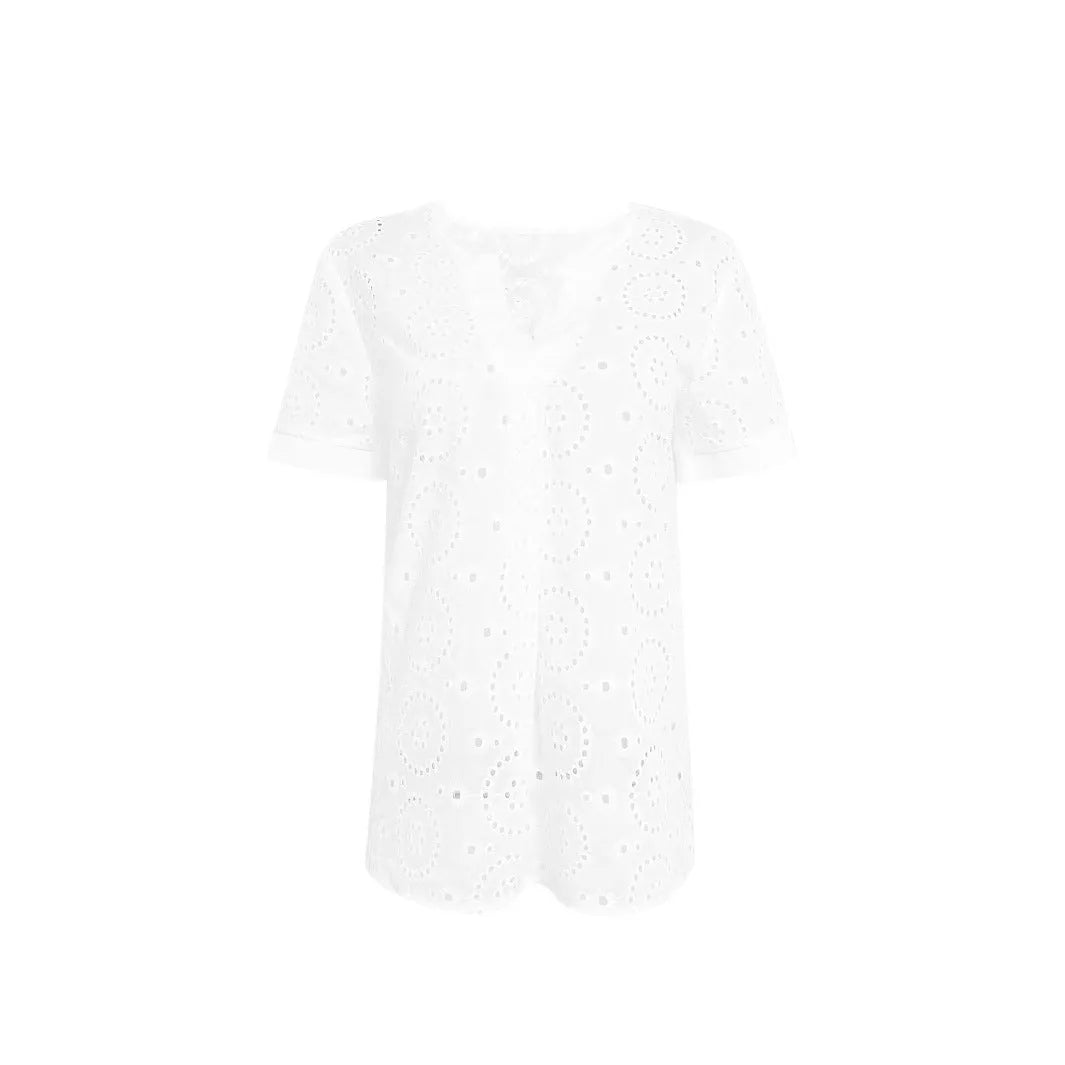 Women's white V-neck hollow-out T-shirt with short sleeves and loose fit