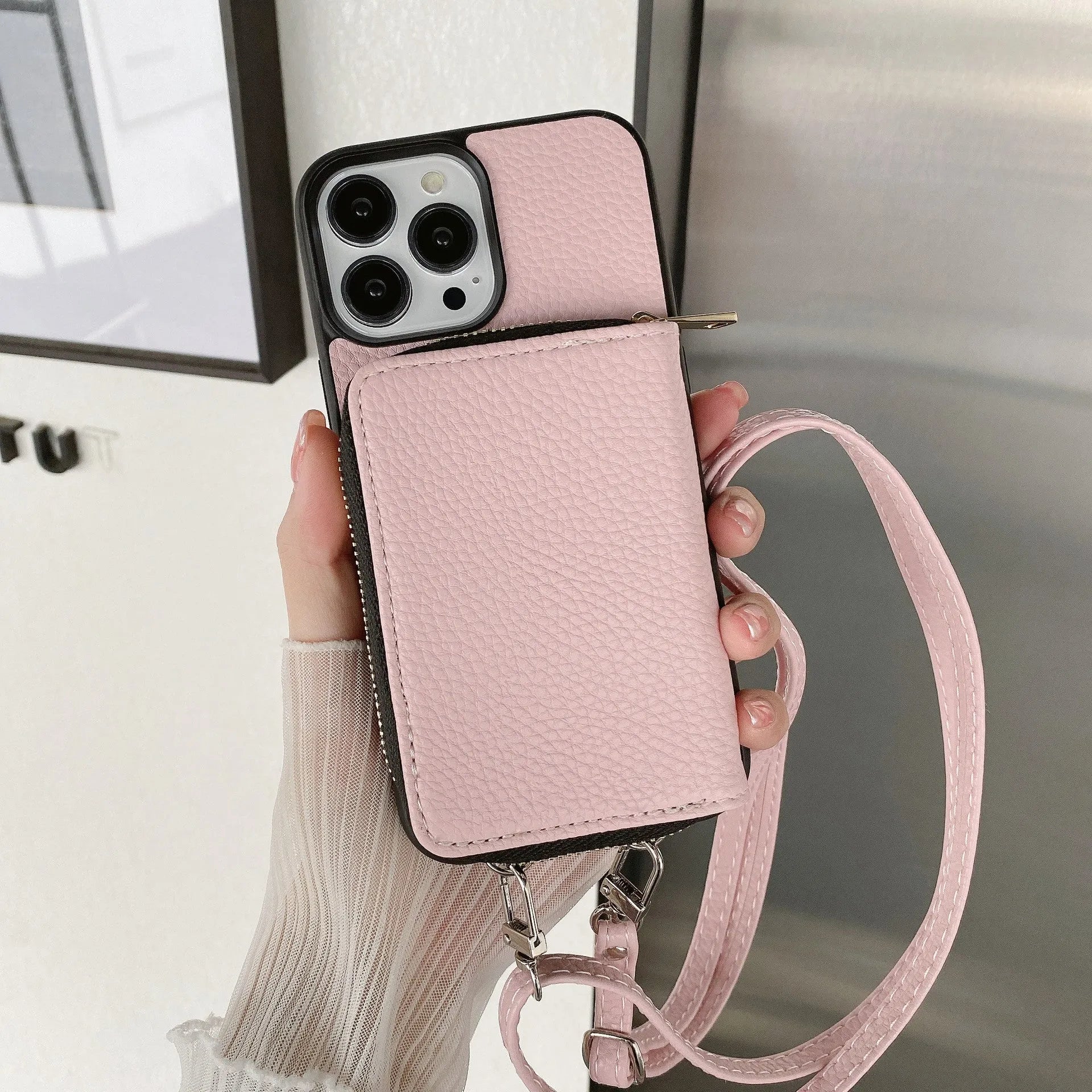 Litchi patterned PC and leather phone protective case for iPhone 12-14 in black with textured back and precise cutouts