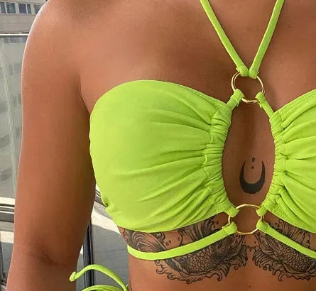 Women's yellow green nylon lace-up triangle bikini swimsuit with adjustable front ties