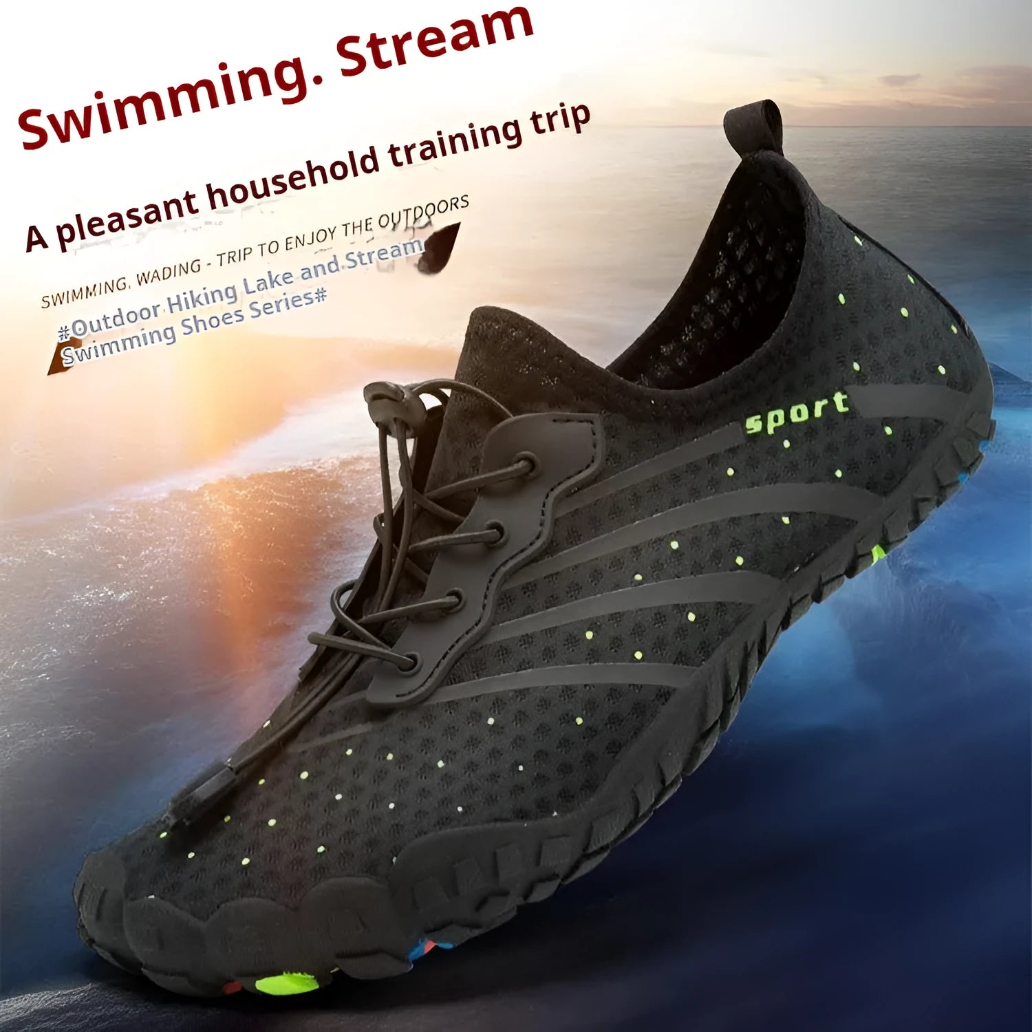 Fast drainage beach swimming couple outdoor fitness shoes in black with mesh upper and rubber sole