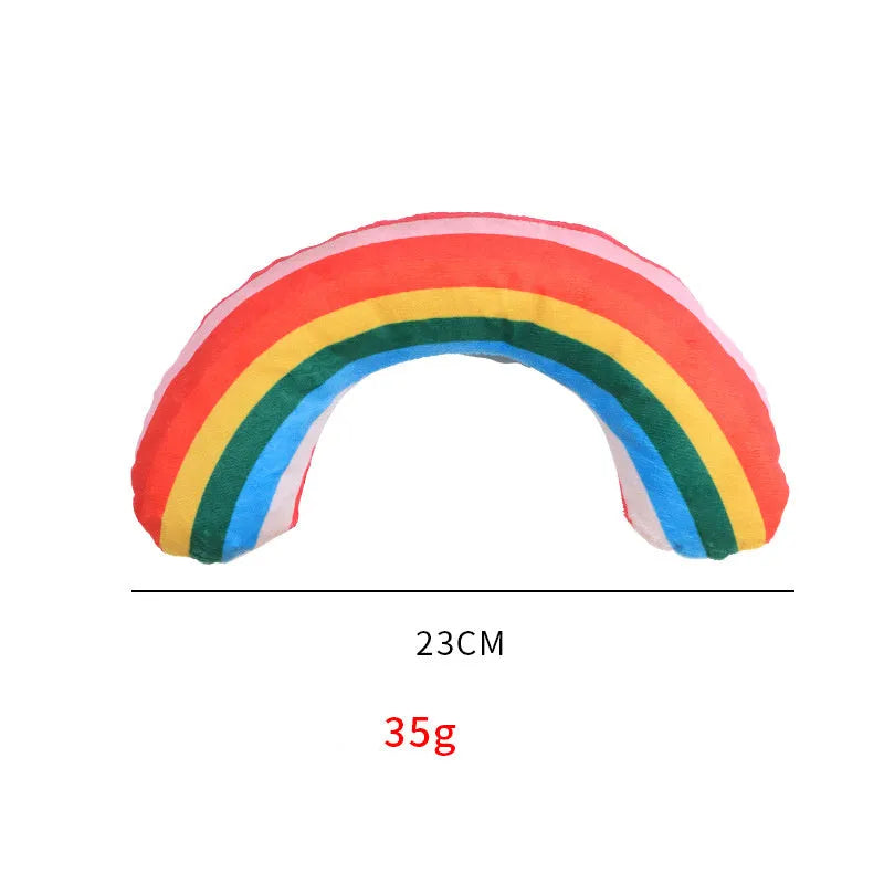 Striped fabric cat pillow toy with a noise maker and catnip strip, measuring 23 cm, in rainbow colours.