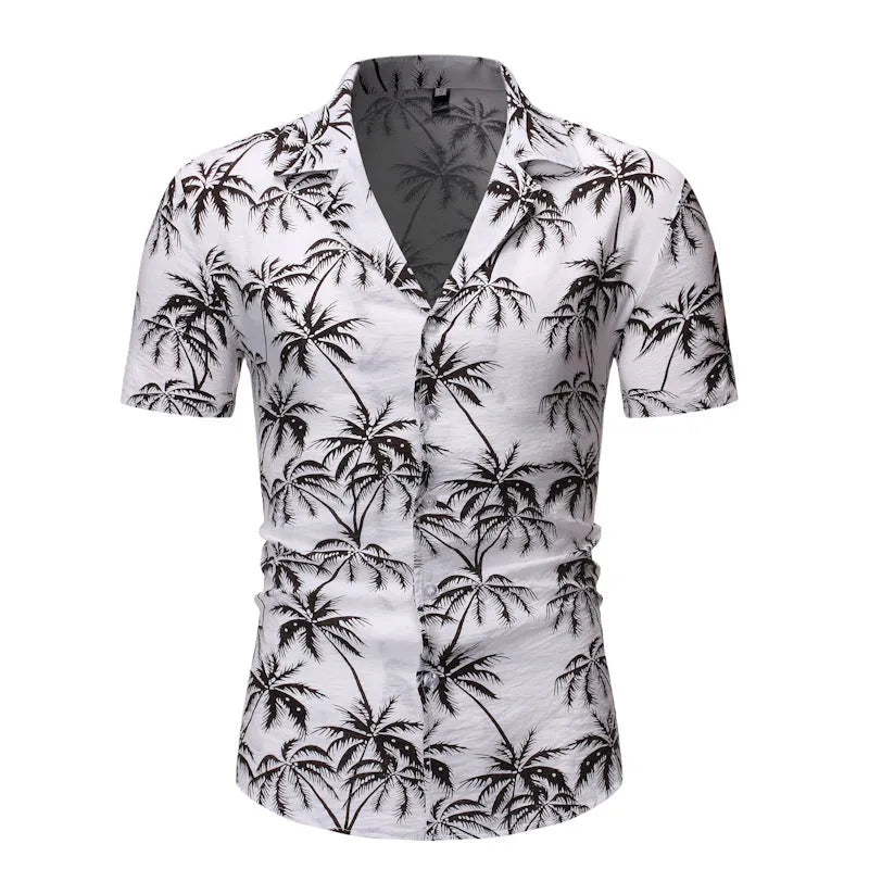 Men's loose lapel print top long sleeve polyester casual shirt in light blue, white, and yellow
