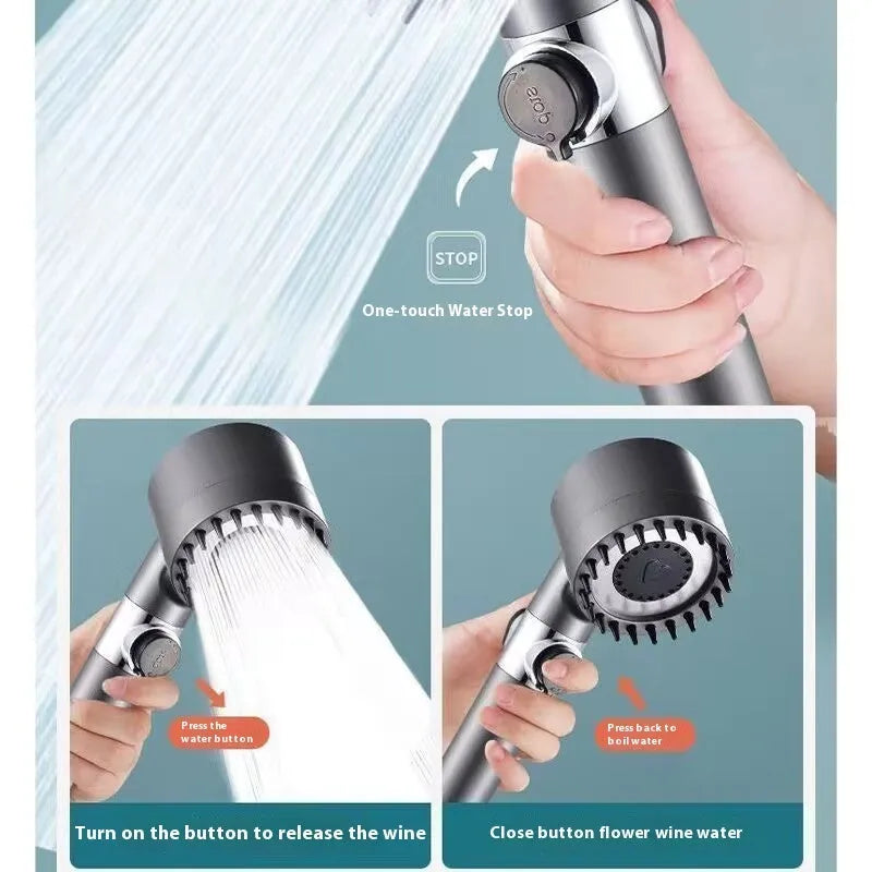 Portable ABS plastic shower head with three adjustment modes on modern bathroom wall