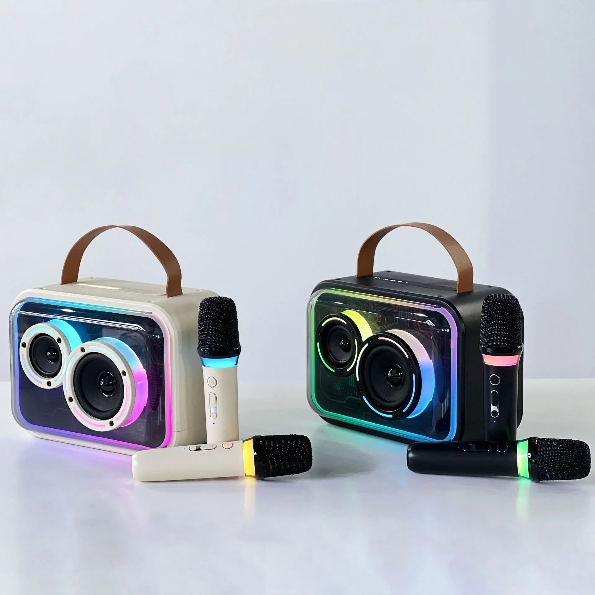 Bluetooth-compatible portable speaker with colourful RGB lights in black, with wireless karaoke microphone