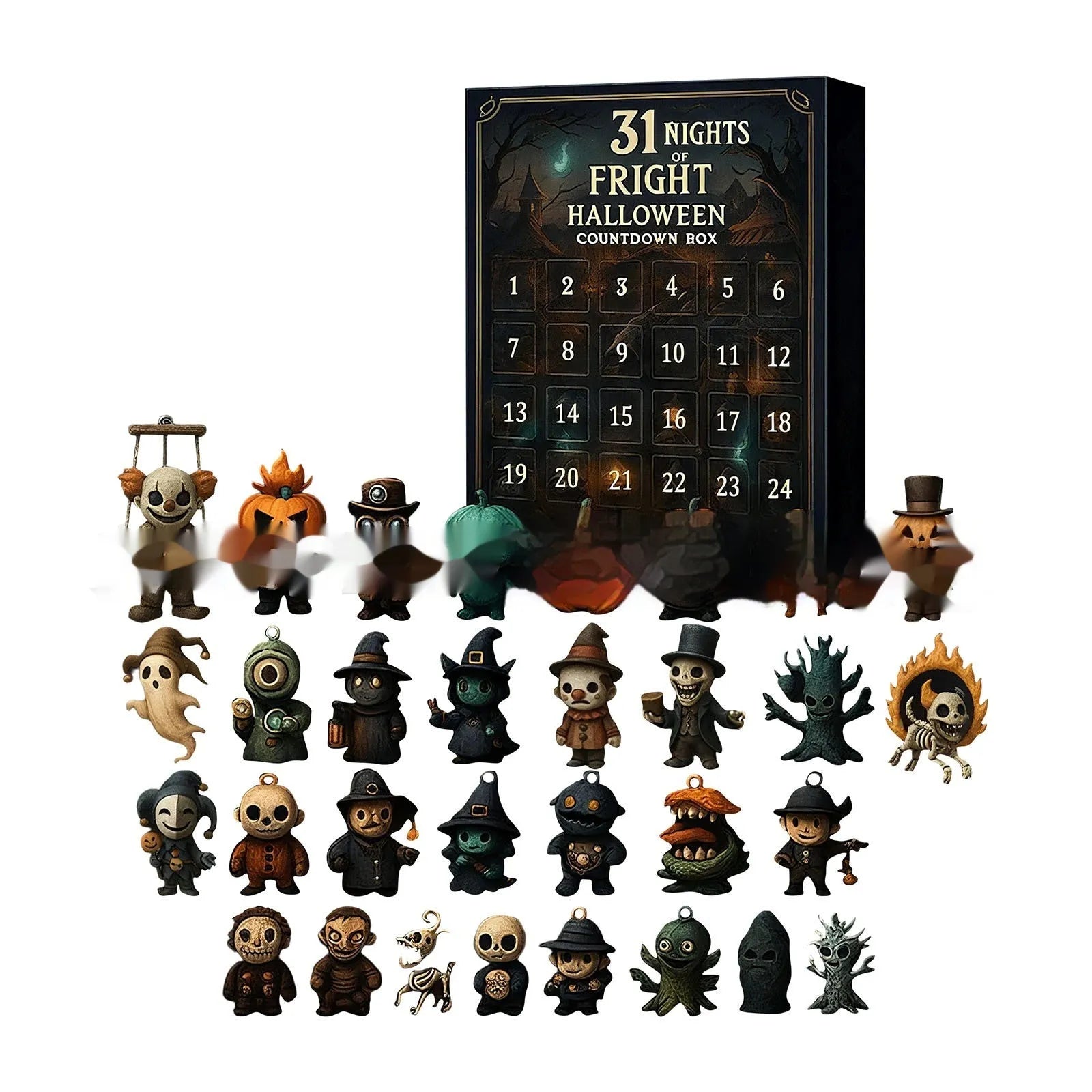 Halloween countdown advent calendar box with blind box compartments containing resin doll collectibles