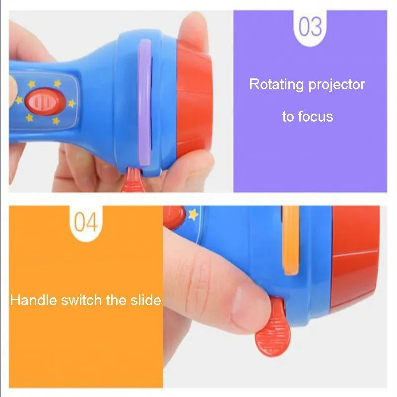 SmartKids children's story projector torch with four fairy tale discs projecting images on wall