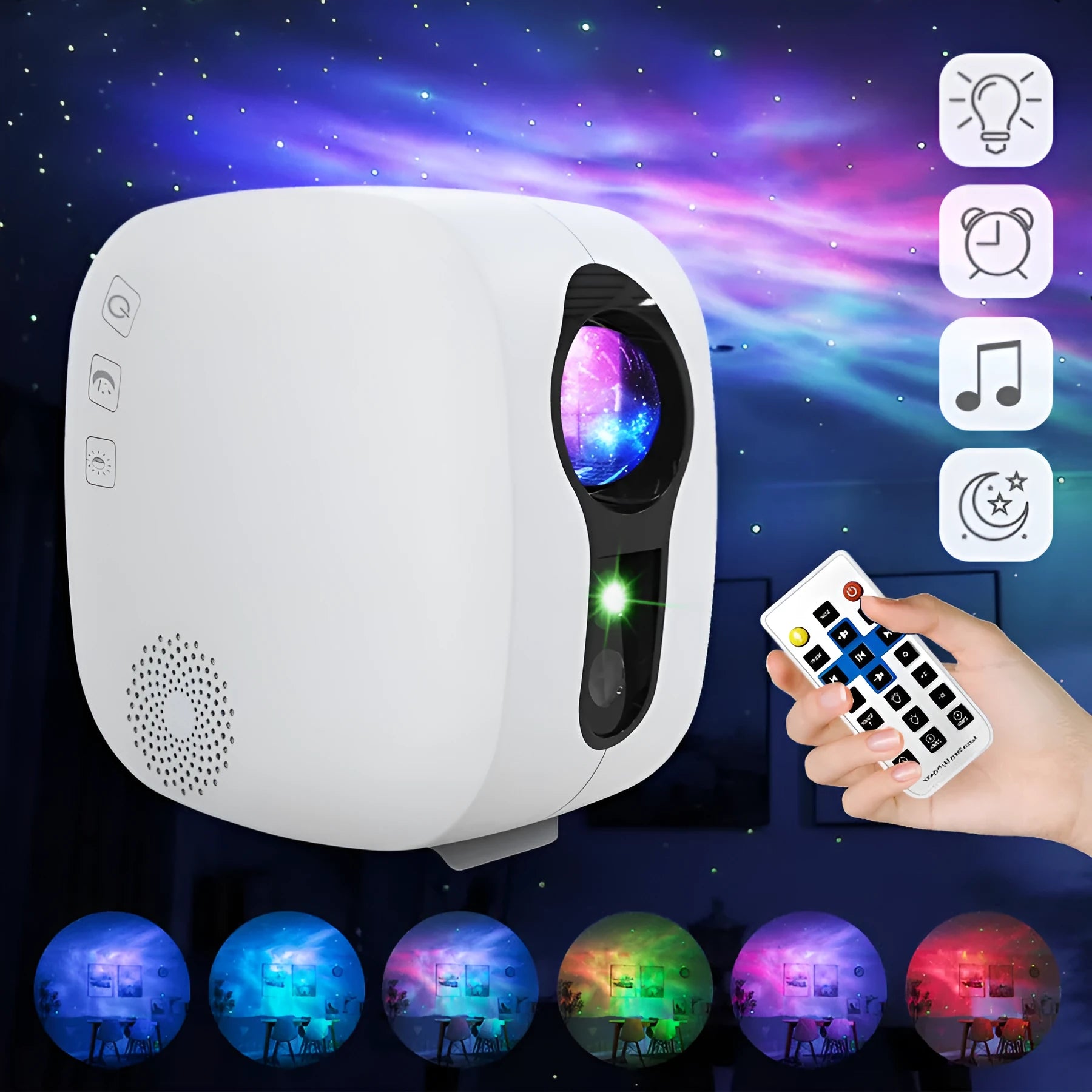 Laser starry sky projection lamp with colourful nebula moon effect and Bluetooth music playing, black unit on a desk