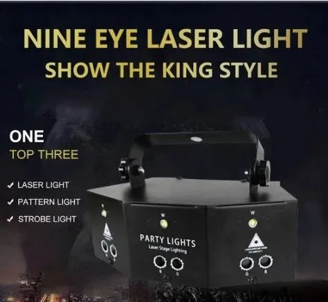 Nine eye laser strobe light with white strobe beads and red green blue lasers, AC110-240V