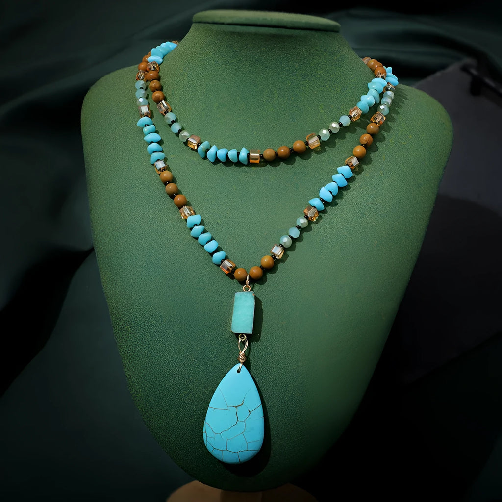 Turquoise blue geometric pendant necklace with ball bead chain measuring 81cm length