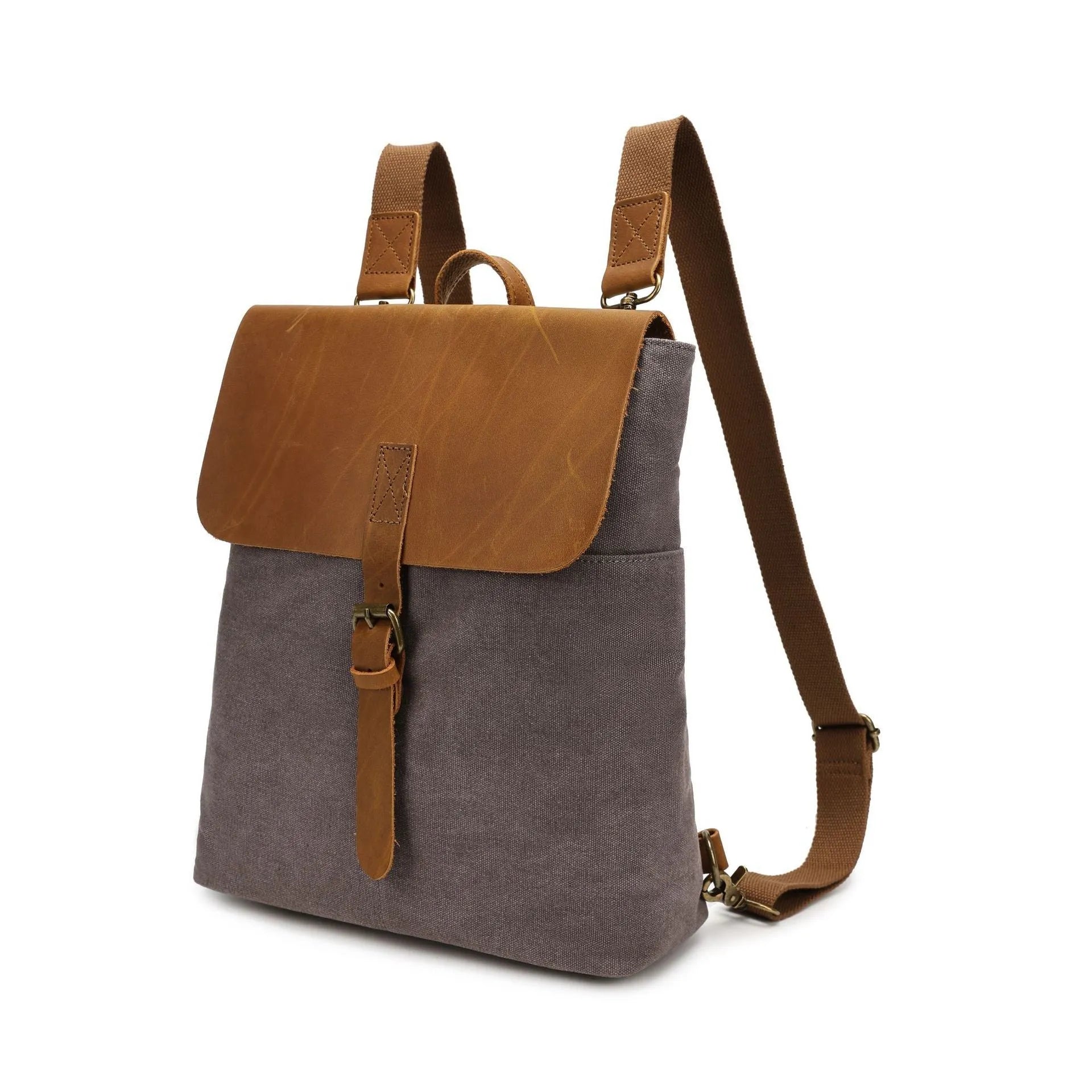 Canvas waterproof student backpack with spliced design, size 29x13x35cm, in brown colour