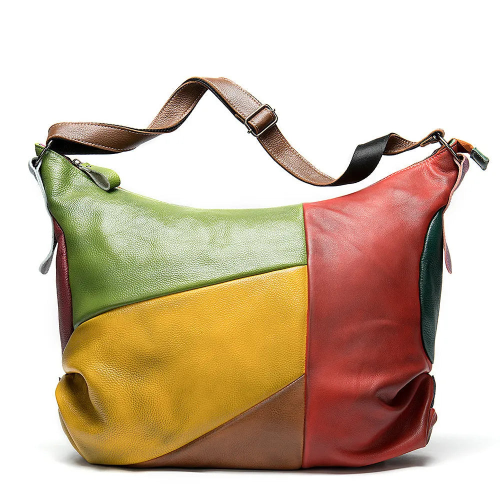 Brown cowhide leather crossbody travel bag showing front view and size scale.