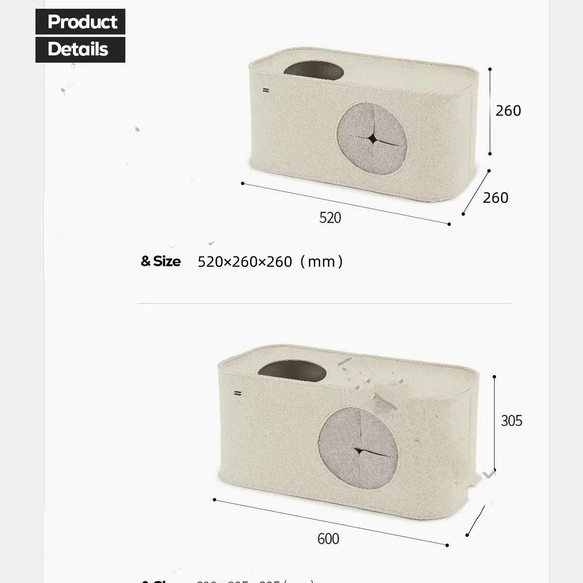 Foldable felt cat nest in gray, size 52x26x26cm, shown as a pet bed for indoor use