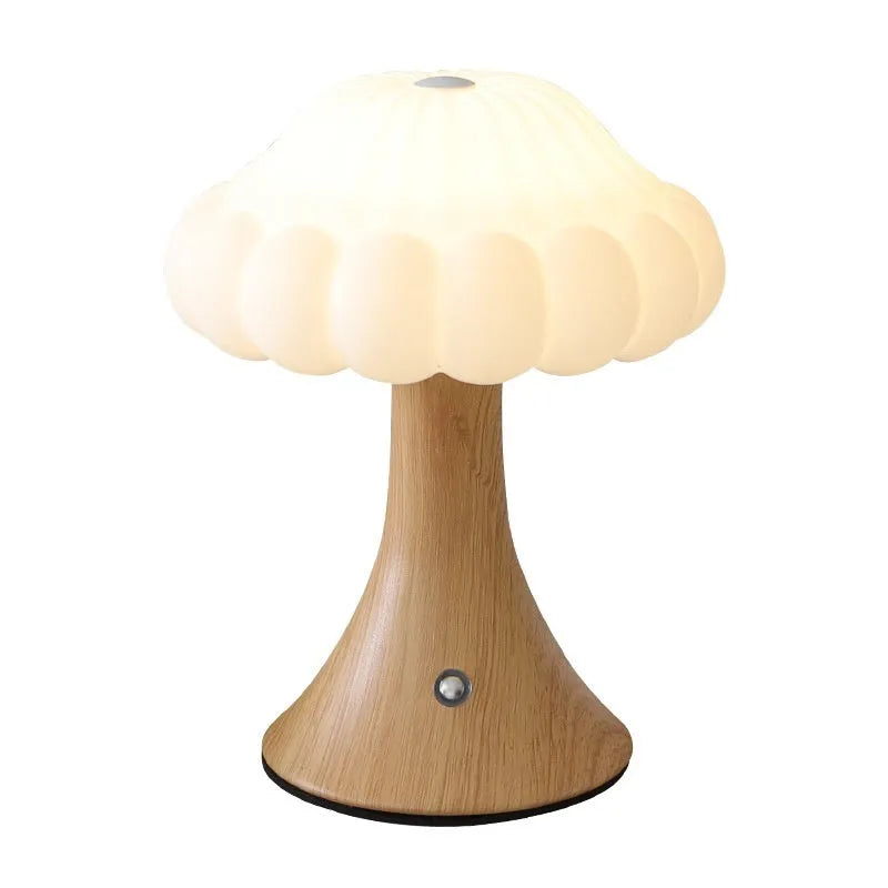 Mushroom-shaped touch night lamp with USB charging port in wood grain colour