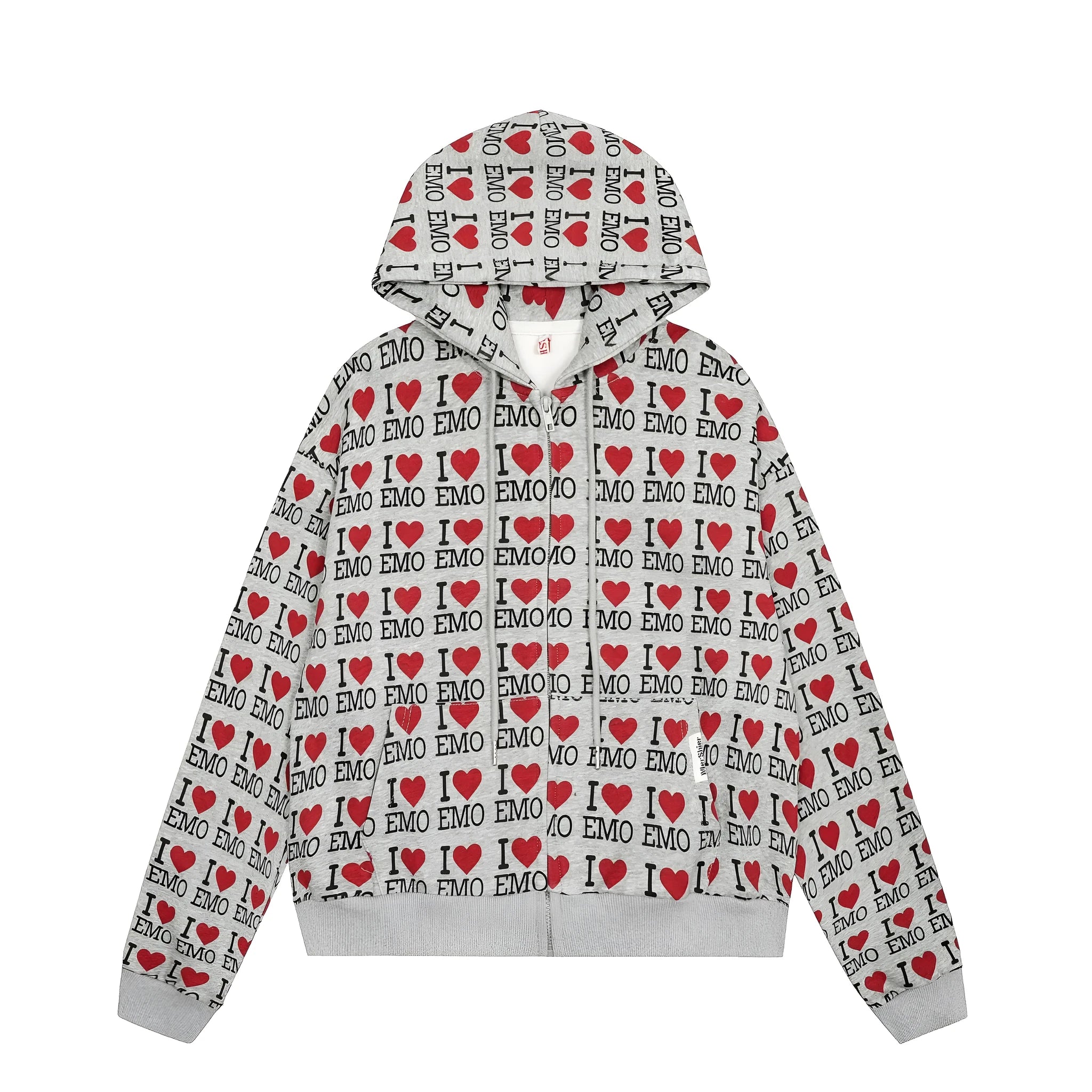 Women's melange grey hooded cardigan with a retro pattern, shown on a hanger.