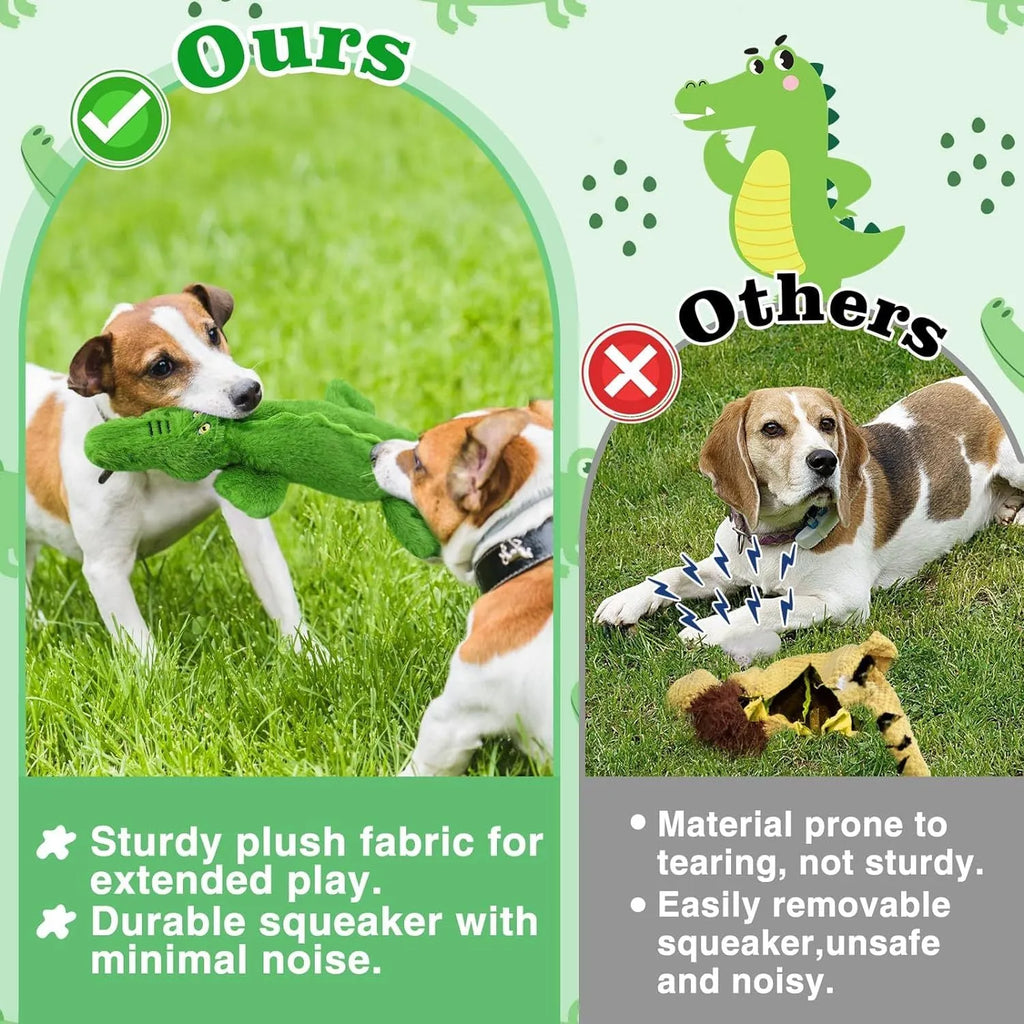 Green crocodile squeaky dog toy with crinkle tail for aggressive chewers