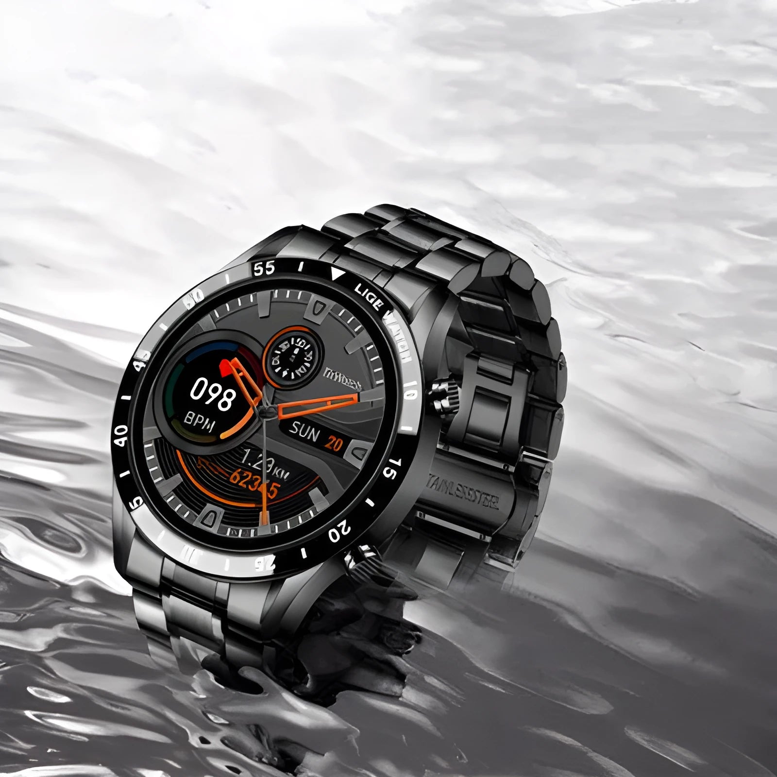 Stainless steel smart watch with 1.3-inch touchscreen display showing step count