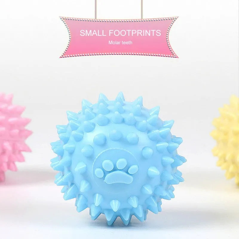 Close-up of 6cm TPR rubber dog chewing toy ball with footprint pattern in blue pink or yellow for tooth cleaning