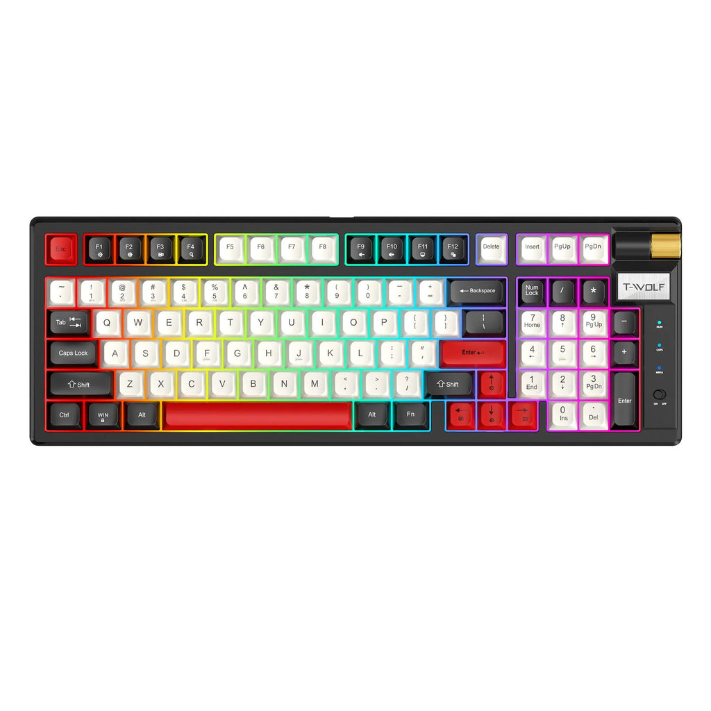 Bluetooth charging gaming mechanical keyboard in black and red colour, side view showing keys, 404mm width, with USB cable