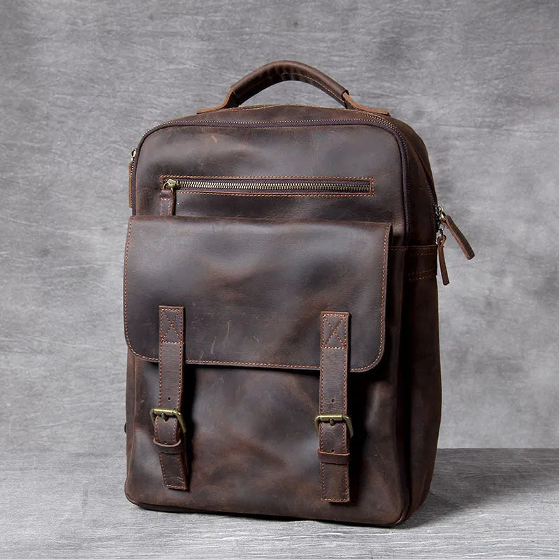 Retro crazy horse leather backpack in dark coffee colour with handmade stitching and front flap