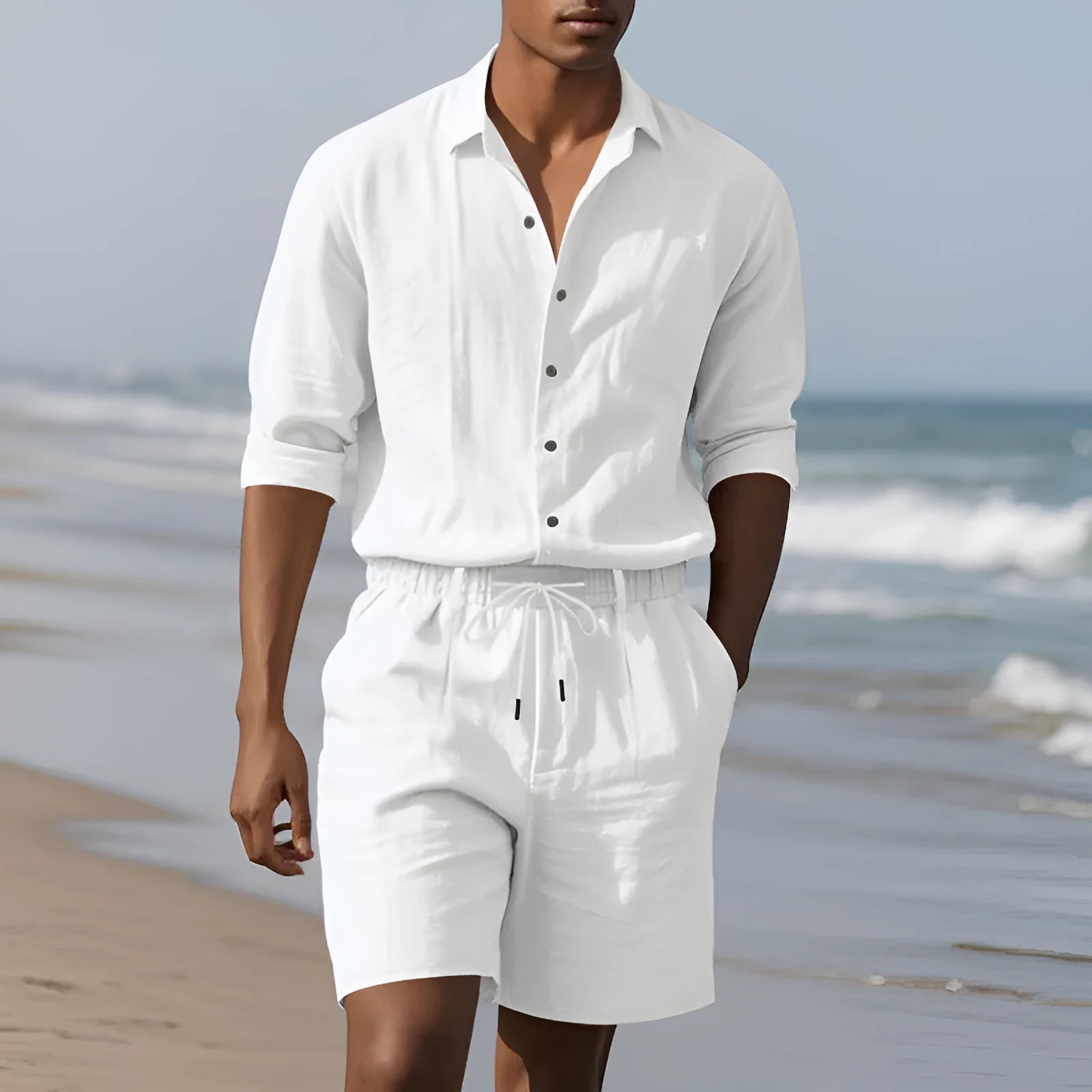 Men's linen long sleeve shirt and shorts beach suit set in light blue colour