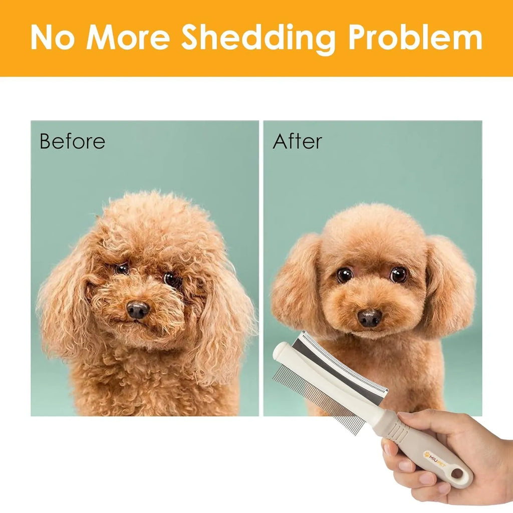 White double-sided pet grooming brush with comb and deshedding head on a curved ergonomic handle.