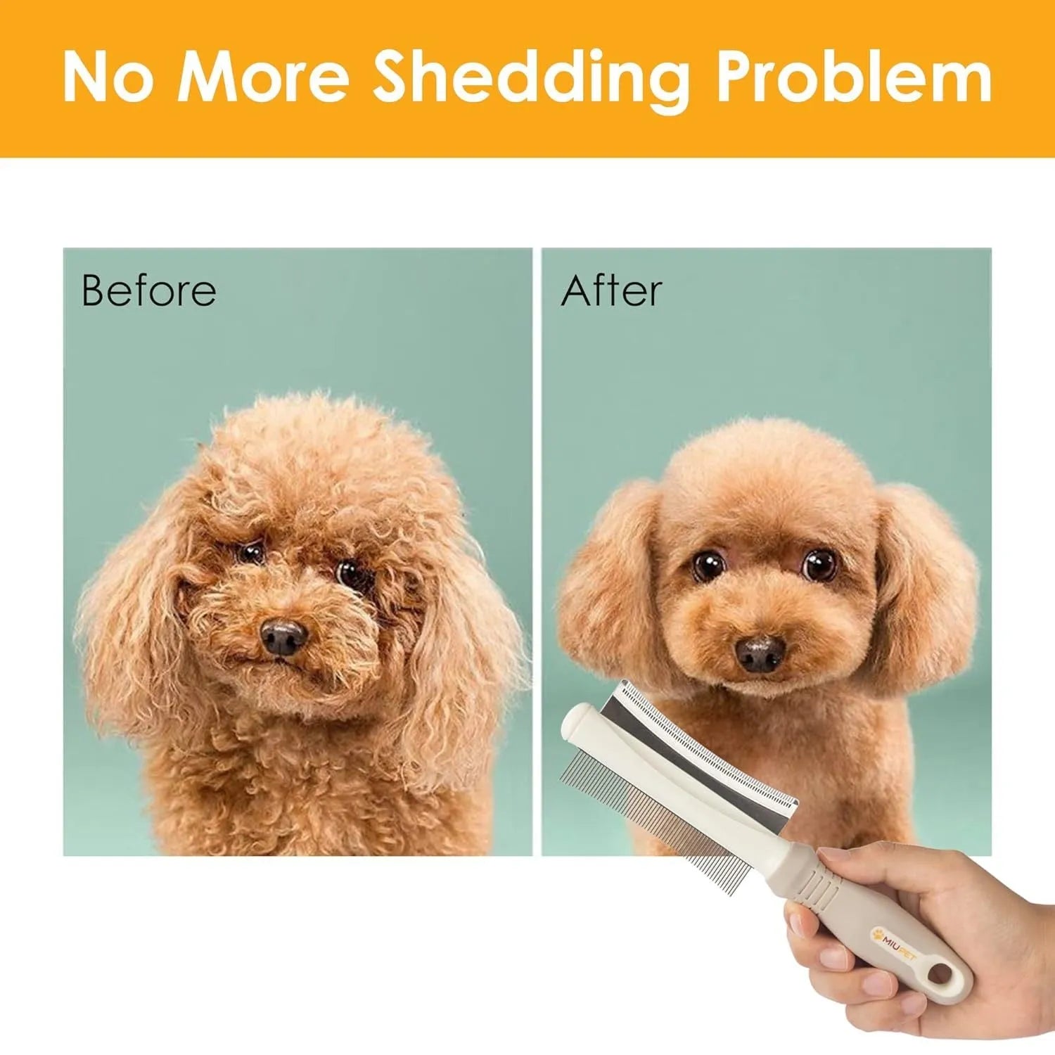 White double-sided pet grooming brush with comb and deshedding head on a curved ergonomic handle.