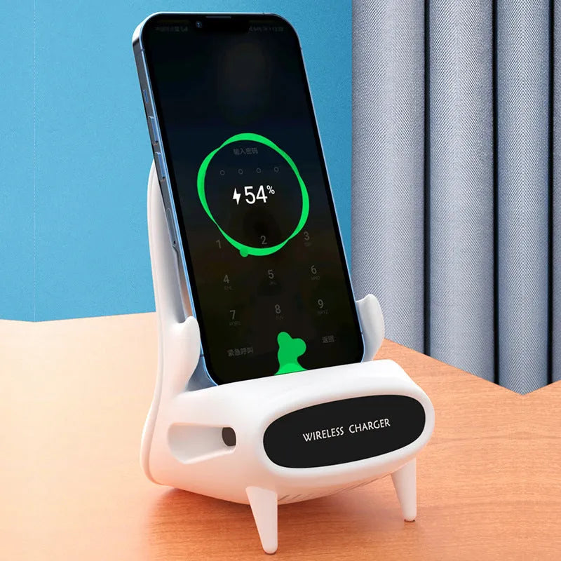 White ABS wireless charger stand with Type-C input, measuring 96.3x88.2x139.3 mm, 154.2g