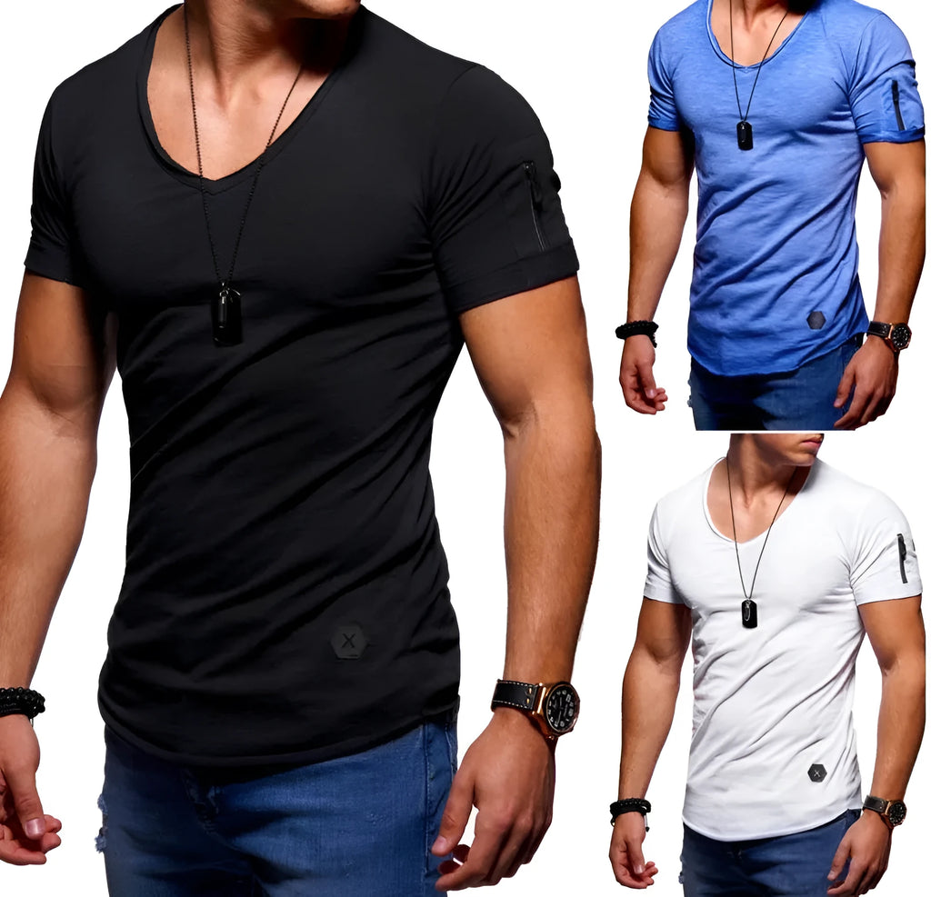 Men's V-neck short-sleeved slim fit youth shirt in a cotton-polyester blend, shown in white, black, and navy colours