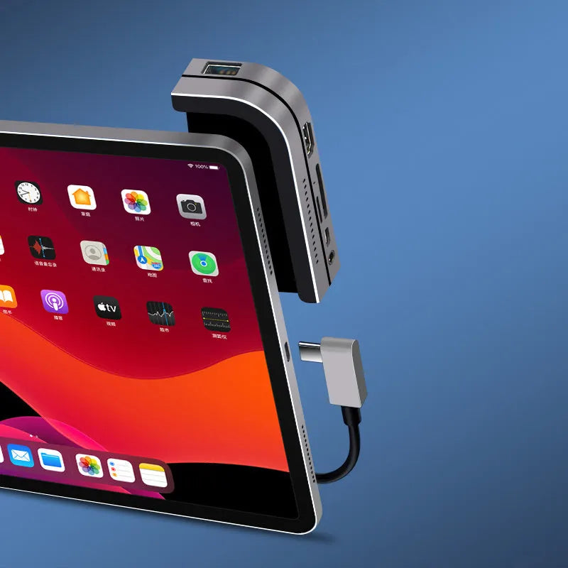 Silver aluminium grey USB-C 6-in-1 docking station for iPad Pro with HDMI and USB ports