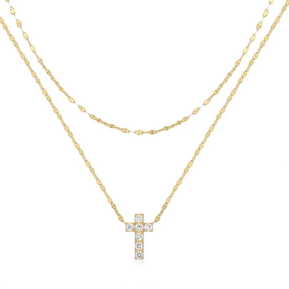 Sterling silver double layer twin diamond cross pendant necklace on clavicle chain