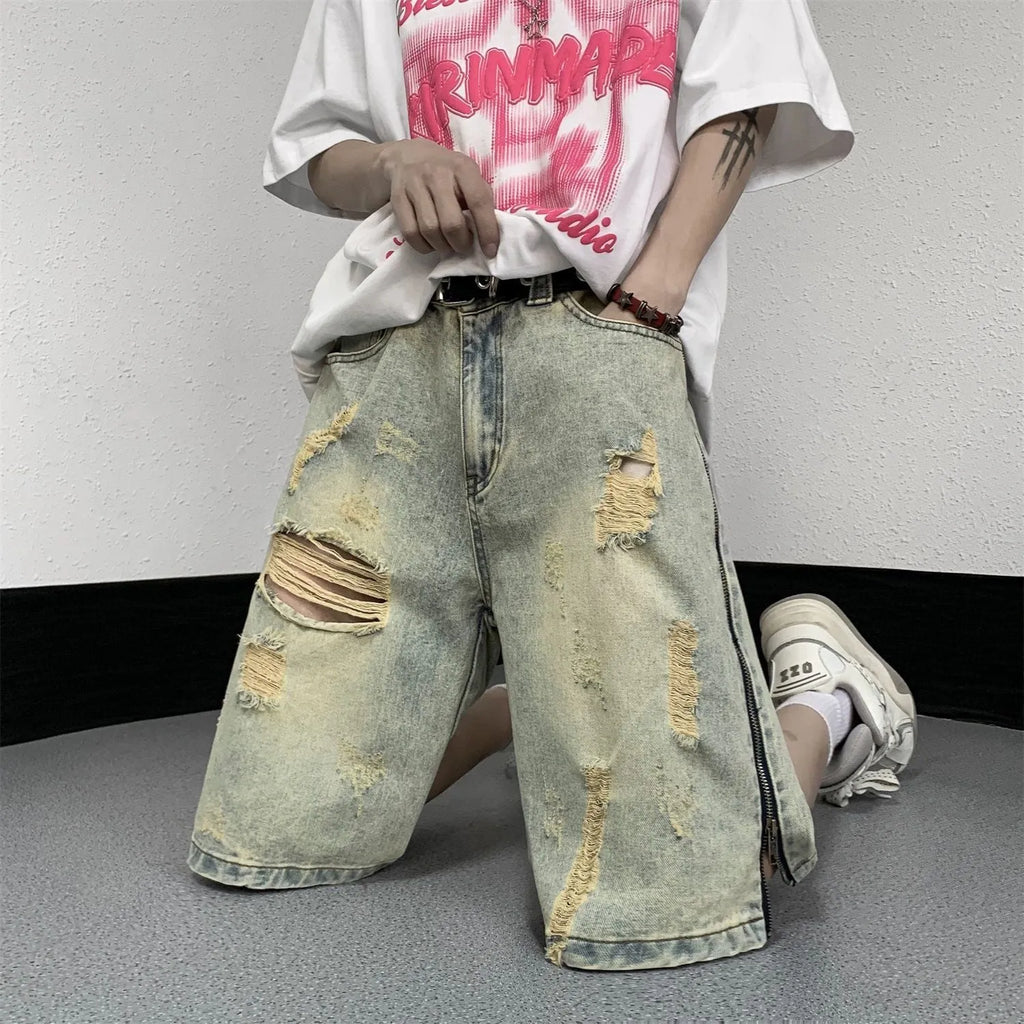 Men's retro blue ripped denim shorts with loose five-point cut and straight leg opening