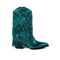 Women's black chunky heel tassel boots with pointed toe and high stiletto heel on a white background.
