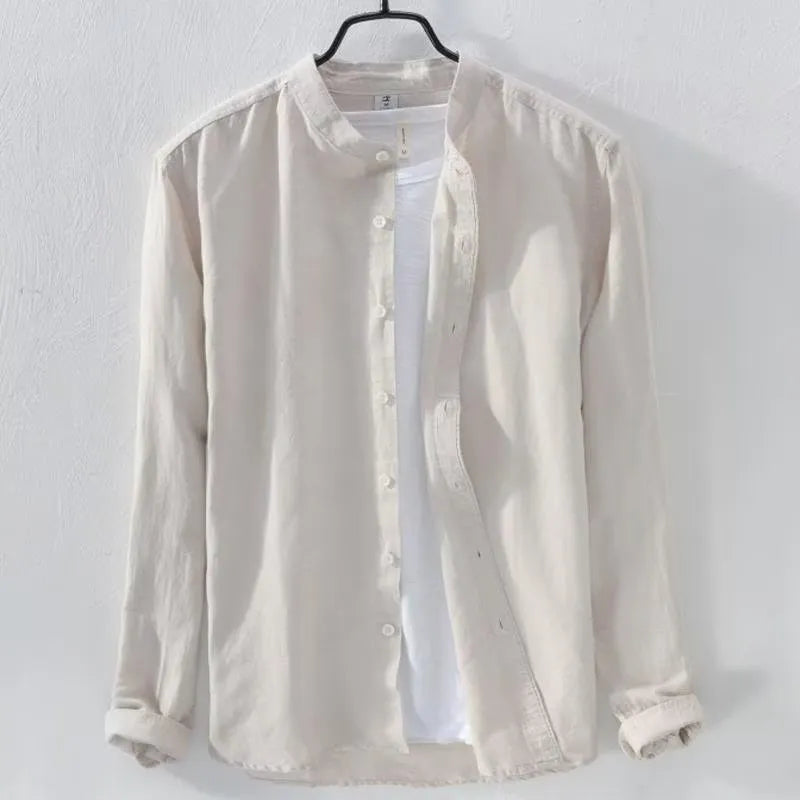 Man's loose-fit long sleeve casual shirt in linen-cotton blend, shown in dark blue colour.