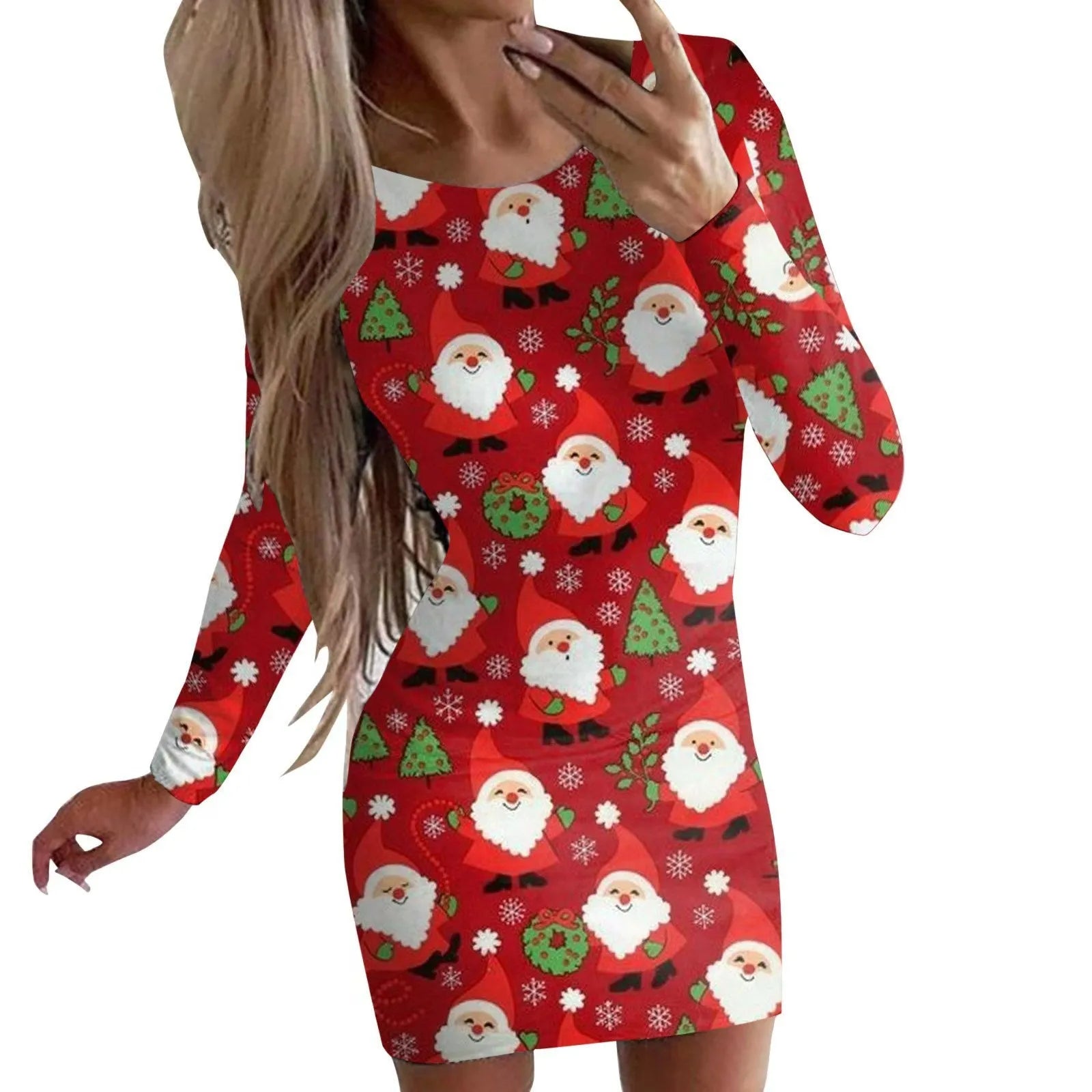 Women's Christmas printed dress with animal patterns, round neck, long sleeves, and hip skirt cut