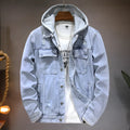 Men's light blue cotton denim jacket with detachable hood, regular fit, long sleeves, and straight hem on a plain background