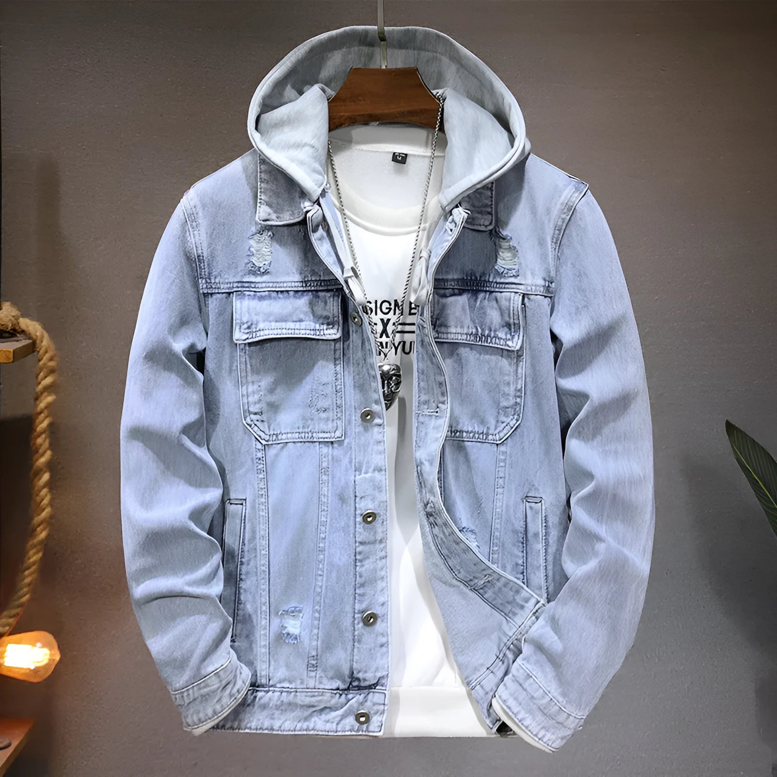 Men's light blue cotton denim jacket with detachable hood, regular fit, long sleeves, and straight hem on a plain background
