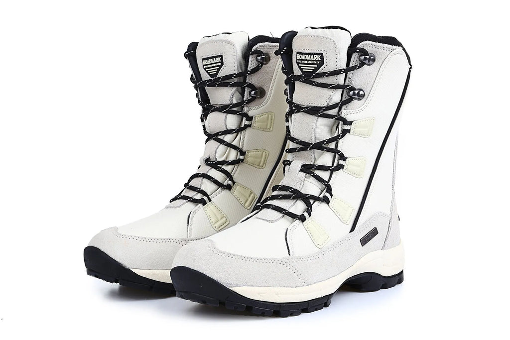 Women's genuine leather snow boots in mid-calf length with round toe and rubber sole