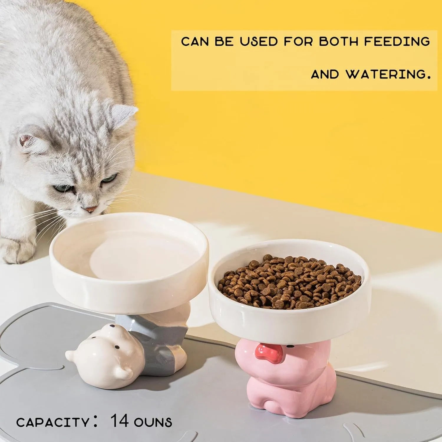 A raised ceramic cat bowl in an animal design, showing its height and wide opening for whisker-friendly feeding.