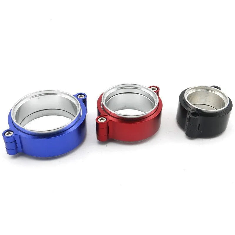 Aluminium fixed movement clamp for car exhaust systems in black, blue or red
