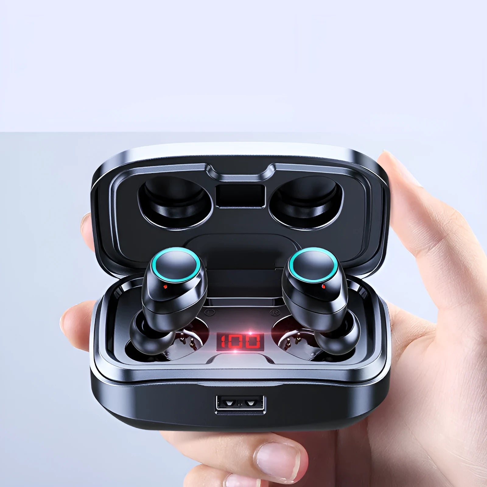 Black wireless in-ear earphones with Bluetooth 5.0 shown alongside red and blue colour options.