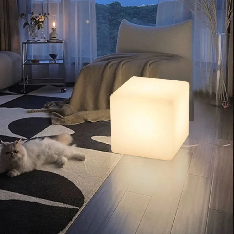 Square LED cube stool light with modern design for outdoor garden seating and illumination