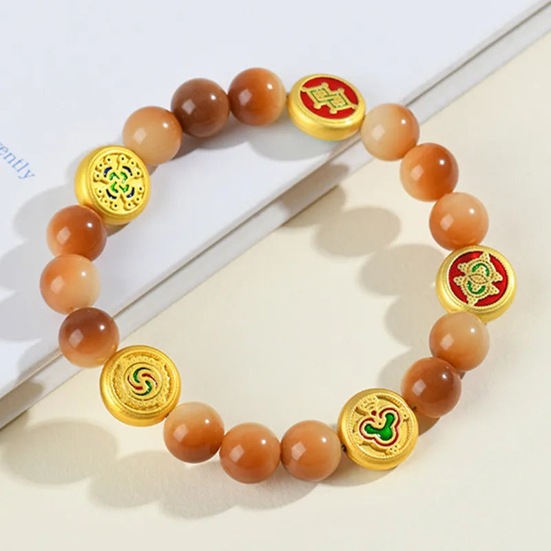 Yellow handmade bodhi seed bracelet with round beads, adjustable 14 to 17 inches, national style for women